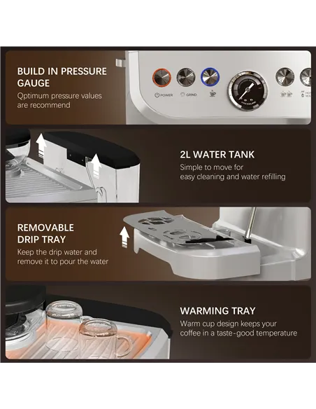 HOMCOM 15 Bar Coffee Machine, with Adjustable Grind, Steamer and Accessories - Silver Colour