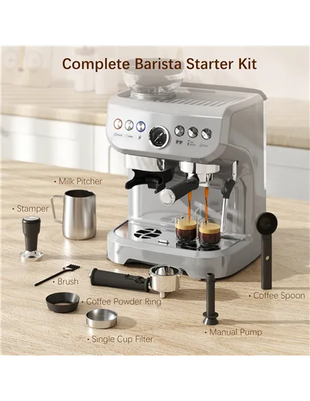 HOMCOM 15 Bar Coffee Machine, with Adjustable Grind, Steamer and Accessories - Silver Colour