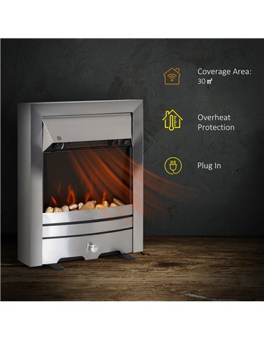 HOMCOM 2KW Stainless Steel Electric Fireplace Pebble Burning Effect Heater Fire Flame Indoor Stove LED Lighting