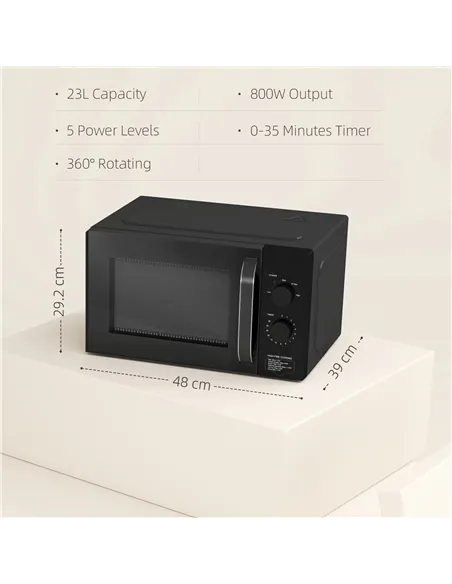 HOMCOM 23L 800W Microwave Oven, Solo Manual Microwave with 5 Power Levels, Defrost, 35 Minutes Timer, Clock, Easy Clean, Small B