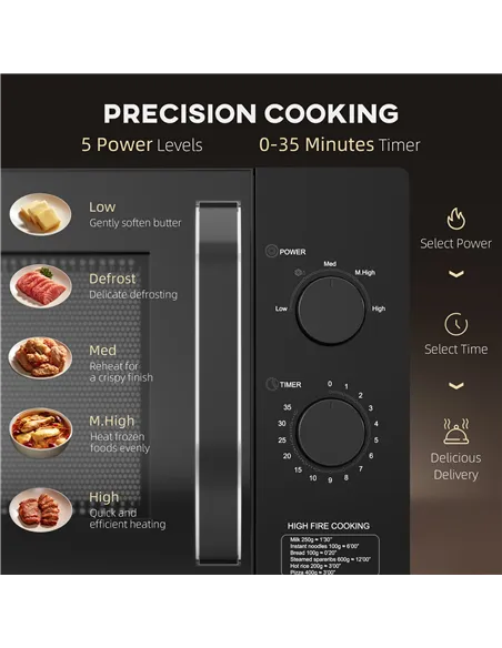 HOMCOM 23L 800W Microwave Oven, Solo Manual Microwave with 5 Power Levels, Defrost, 35 Minutes Timer, Clock, Easy Clean, Small B