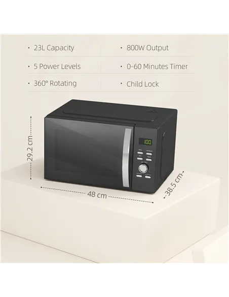 HOMCOM 23L 800W Microwave Oven, Digital Solo Microwave with 5 Power Levels, Automatic Defrost, 8 Auto Cook Menus, 60 Minutes Tim