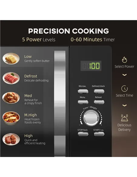 HOMCOM 23L 800W Microwave Oven, Digital Solo Microwave with 5 Power Levels, Automatic Defrost, 8 Auto Cook Menus, 60 Minutes Tim