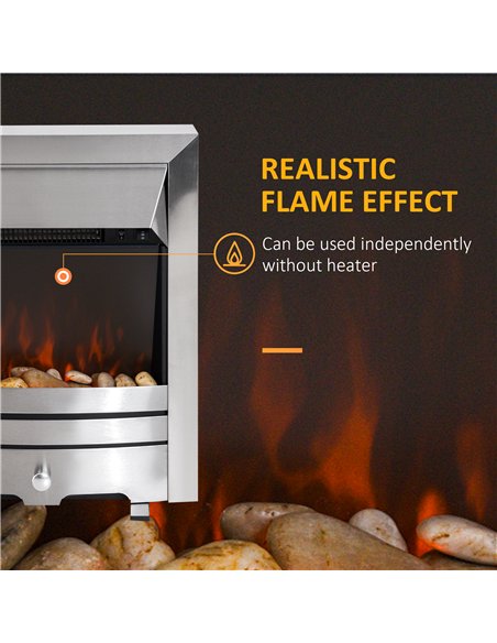 HOMCOM 2KW Stainless Steel Electric Fireplace Pebble Burning Effect Heater Fire Flame Indoor Stove LED Lighting