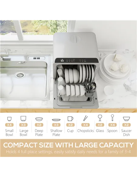 HOMCOM Table Top Dishwasher with Built-in 6L Water Tank, Mini Countertop Dishwasher with 6 Programs, 4 Place Settings, Silver To