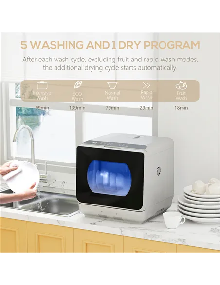 HOMCOM Table Top Dishwasher with Built-in 6L Water Tank, Mini Countertop Dishwasher with 6 Programs, 4 Place Settings, Silver To