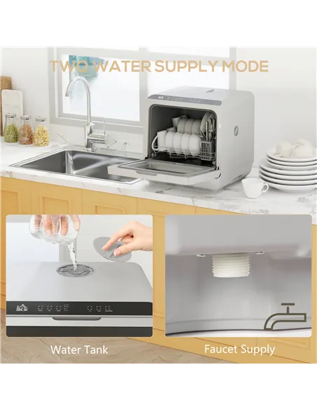 HOMCOM Table Top Dishwasher with Built-in 6L Water Tank, Mini Countertop Dishwasher with 6 Programs, 4 Place Settings, Silver To
