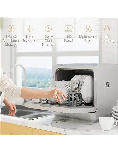HOMCOM Table Top Dishwasher with Built-in 6L Water Tank, Mini Countertop Dishwasher with 6 Programs, 4 Place Settings, Silver To