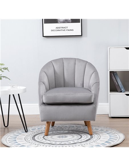 HOMCOM Accent Chair Velvet Fabric Single Sofa Armchair Home Living Room Solid Wood Leg Upholstered Side Armchair Grey