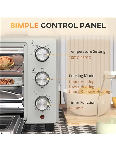 HOMCOM 21L Mini Countertop Oven, 100°C-230°C Adjustable Temp - Silver Tone