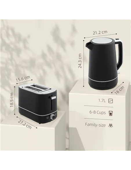 HOMCOM Kettle and Toaster Set, 1.7L 3000W Fast Boil Kettle & 2 Slice Toaster Kitchen Set with 6 Level Browning Controls, Defrost