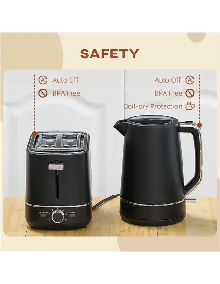 HOMCOM Kettle and Toaster Set, 1.7L 3000W Fast Boil Kettle & 2 Slice Toaster Kitchen Set with 6 Level Browning Controls, Defrost