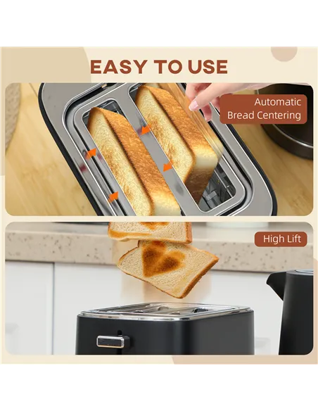 HOMCOM Kettle and Toaster Set, 1.7L 3000W Fast Boil Kettle & 2 Slice Toaster Kitchen Set with 6 Level Browning Controls, Defrost
