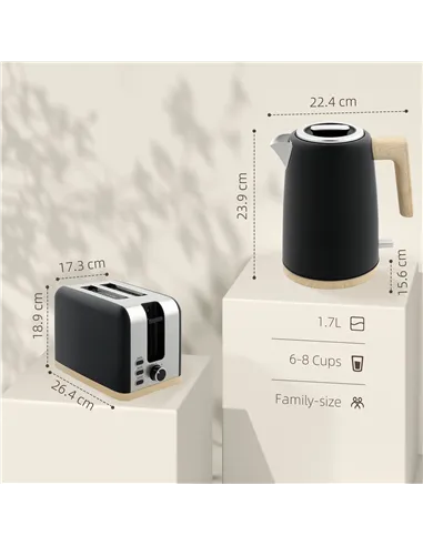 HOMCOM Kettle and Toaster Set, 1.7L 3000W Fast Boil Kettle & 2 Slice Toaster Kitchen Set with 7 Level Browning Controls, Defrost