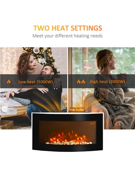 HOMCOM Led Wall Mounted Fireplace Curved Glass Electric Fire Place Fire Place 7 Colour Side Lights Slimline, 1000/2000W, 89.2cm 