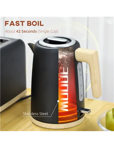 HOMCOM Kettle and Toaster Set, 1.7L 3000W Fast Boil Kettle & 2 Slice Toaster Kitchen Set with 7 Level Browning Controls, Defrost