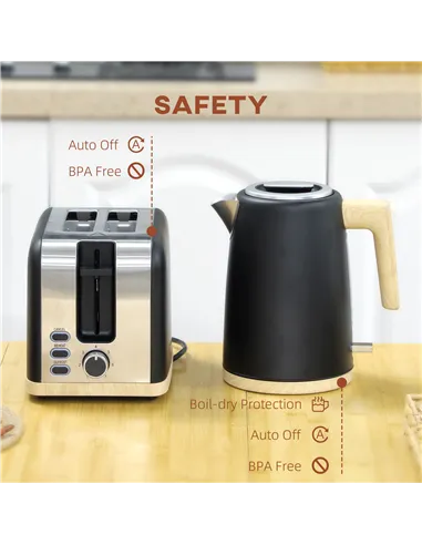HOMCOM Kettle and Toaster Set, 1.7L 3000W Fast Boil Kettle & 2 Slice Toaster Kitchen Set with 7 Level Browning Controls, Defrost