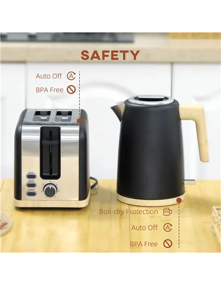 HOMCOM Kettle and Toaster Set, 1.7L 3000W Fast Boil Kettle & 2 Slice Toaster Kitchen Set with 7 Level Browning Controls, Defrost