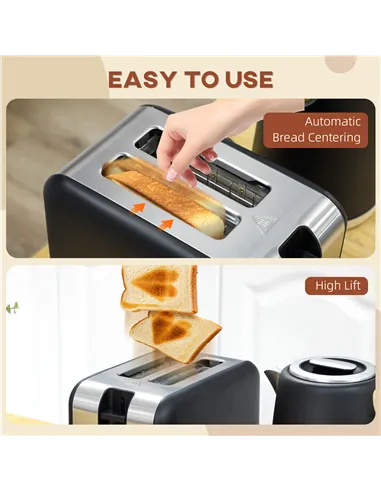 HOMCOM Kettle and Toaster Set, 1.7L 3000W Fast Boil Kettle & 2 Slice Toaster Kitchen Set with 7 Level Browning Controls, Defrost