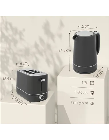 HOMCOM Kettle and Toaster Set, 1.7L 3000W Fast Boil Kettle & 2 Slice Toaster Kitchen Set with 6 Level Browning Controls, Defrost