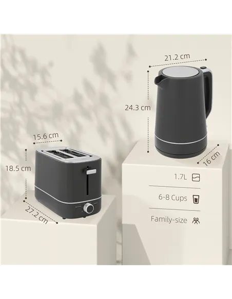 HOMCOM Kettle and Toaster Set, 1.7L 3000W Fast Boil Kettle & 2 Slice Toaster Kitchen Set with 6 Level Browning Controls, Defrost