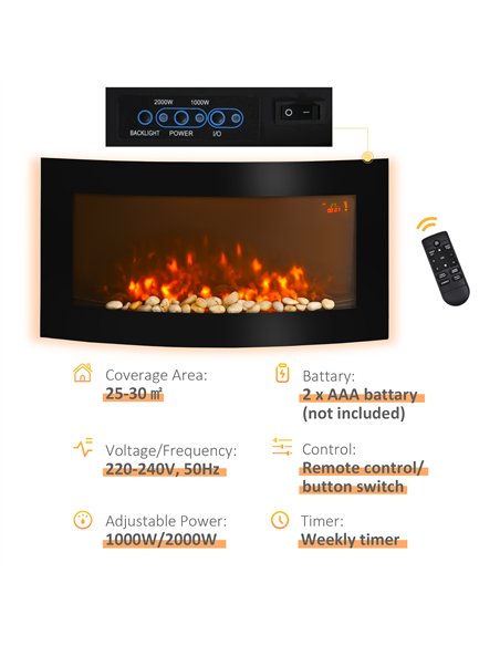 HOMCOM Led Wall Mounted Fireplace Curved Glass Electric Fire Place Fire Place 7 Colour Side Lights Slimline, 1000/2000W, 89.2cm 