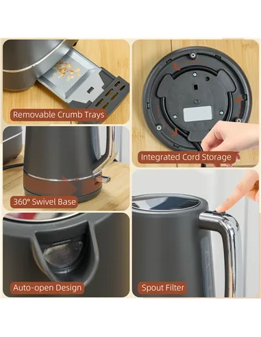 HOMCOM Kettle and Toaster Set, 1.7L 3000W Fast Boil Kettle & 2 Slice Toaster Kitchen Set with 6 Level Browning Controls, Defrost