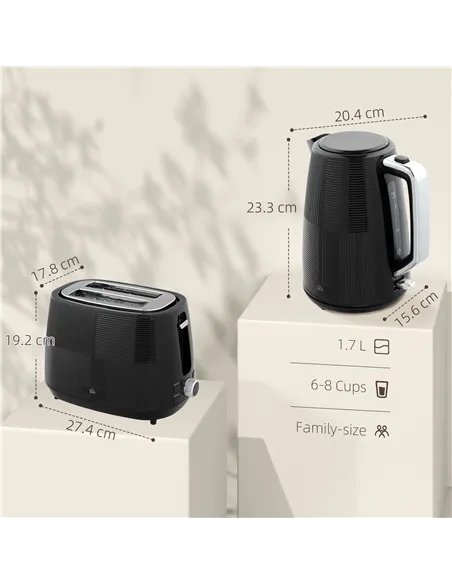 HOMCOM Kettle and Toaster Set, 1.7L 3000W Fast Boil Kettle & 2 Slice Toaster Kitchen Set with 7 Level Browning Controls, Defrost