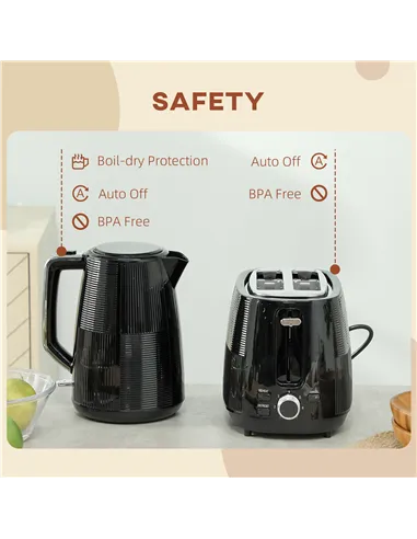 HOMCOM Kettle and Toaster Set, 1.7L 3000W Fast Boil Kettle & 2 Slice Toaster Kitchen Set with 7 Level Browning Controls, Defrost