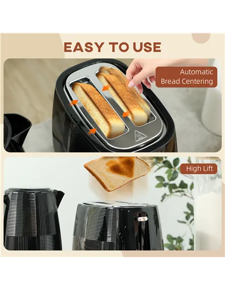 HOMCOM Kettle and Toaster Set, 1.7L 3000W Fast Boil Kettle & 2 Slice Toaster Kitchen Set with 7 Level Browning Controls, Defrost