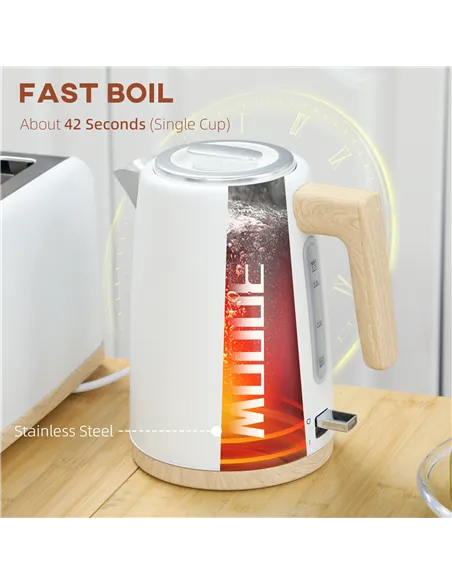 HOMCOM Kettle and Toaster Set, 1.7L 3000W Fast Boil Kettle & 2 Slice Toaster Kitchen Set with 7 Level Browning Controls, Defrost