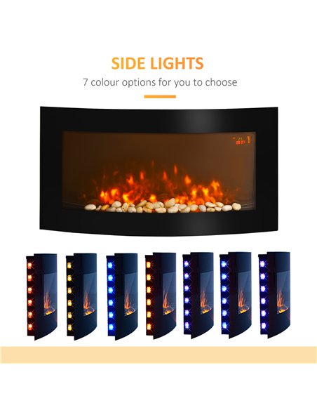 HOMCOM Led Wall Mounted Fireplace Curved Glass Electric Fire Place Fire Place 7 Colour Side Lights Slimline, 1000/2000W, 89.2cm 