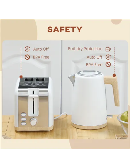 HOMCOM Kettle and Toaster Set, 1.7L 3000W Fast Boil Kettle & 2 Slice Toaster Kitchen Set with 7 Level Browning Controls, Defrost