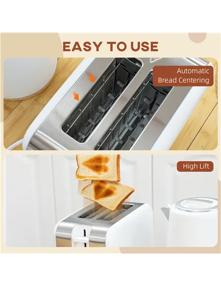 HOMCOM Kettle and Toaster Set, 1.7L 3000W Fast Boil Kettle & 2 Slice Toaster Kitchen Set with 7 Level Browning Controls, Defrost