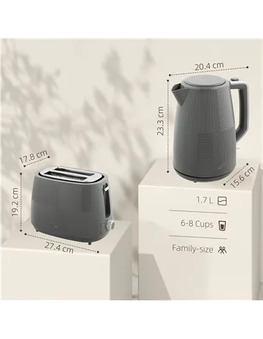 HOMCOM Kettle and Toaster Set, 1.7L 3000W Fast Boil Kettle & 2 Slice Toaster Kitchen Set with 7 Level Browning Controls, Defrost