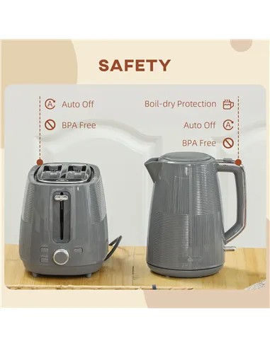 HOMCOM Kettle and Toaster Set, 1.7L 3000W Fast Boil Kettle & 2 Slice Toaster Kitchen Set with 7 Level Browning Controls, Defrost