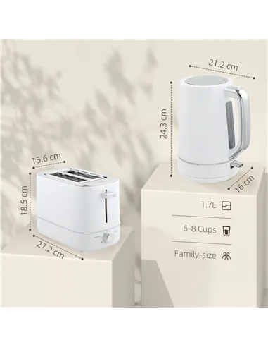 HOMCOM Kettle and Toaster Set, 1.7L 3000W Fast Boil Kettle & 2 Slice Toaster Kitchen Set with 6 Level Browning Controls, Defrost