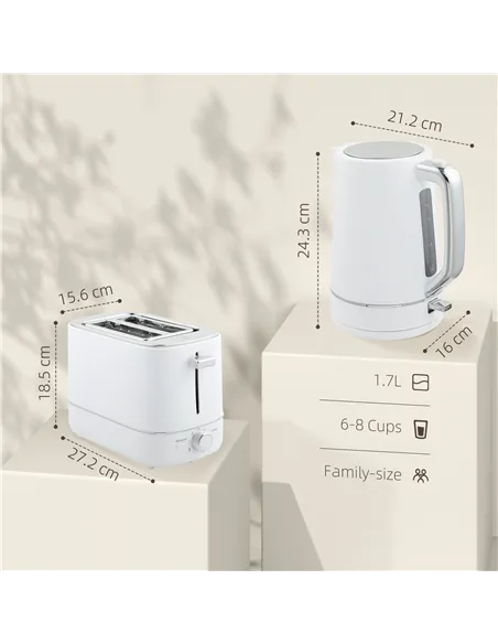 HOMCOM Kettle and Toaster Set, 1.7L 3000W Fast Boil Kettle & 2 Slice Toaster Kitchen Set with 6 Level Browning Controls, Defrost