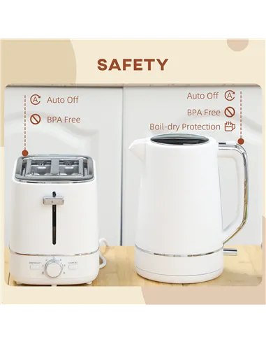 HOMCOM Kettle and Toaster Set, 1.7L 3000W Fast Boil Kettle & 2 Slice Toaster Kitchen Set with 6 Level Browning Controls, Defrost