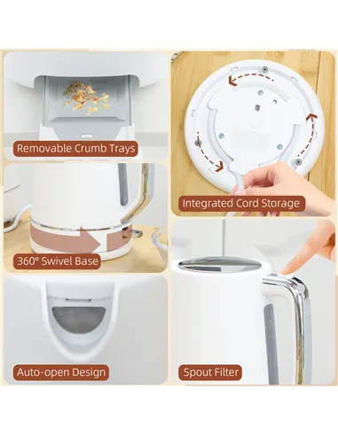 HOMCOM Kettle and Toaster Set, 1.7L 3000W Fast Boil Kettle & 2 Slice Toaster Kitchen Set with 6 Level Browning Controls, Defrost