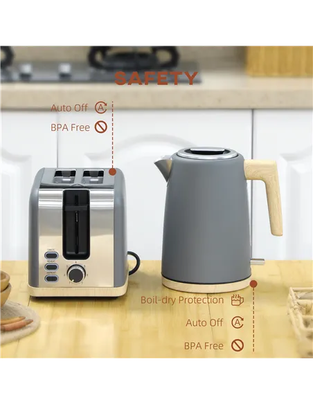 HOMCOM Kettle and Toaster Set, 1.7L 3000W Fast Boil Kettle & 2 Slice Toaster Kitchen Set with 7 Level Browning Controls, Defrost