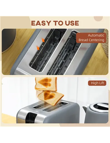 HOMCOM Kettle and Toaster Set, 1.7L 3000W Fast Boil Kettle & 2 Slice Toaster Kitchen Set with 7 Level Browning Controls, Defrost