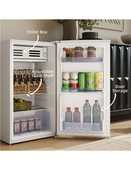 HOMCOM Under Counter Fridge, 85L Small Retro Refrigerator with Chiller Box, Adjustable Thermostat, Glass Shelves, White