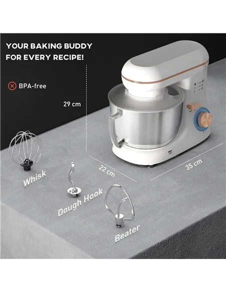 HOMCOM 1300W Kitchen Stand Mixer, with Accessories - White