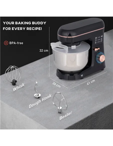 HOMCOM Stand Mixer, 5L Food Mixer for Baking, 6 Speeds and Pulse Setting, 1400W Cake Electric Kitchen Mixer with Dough Hook, Whi