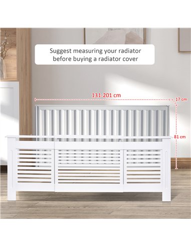 HOMCOM MDF Extendable Radiator Cover Cabinet Shelving Home Office Slatted Design White 139-208.5L x 20.5W x 82.5H cm