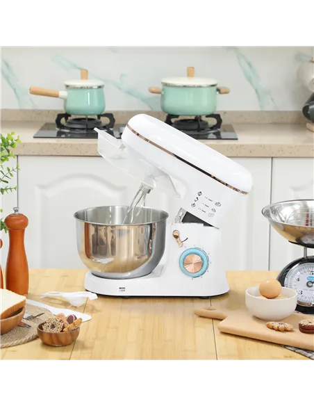 HOMCOM Stand Mixer, 5L Food Mixer for Baking, 6 Speeds and Pulse Setting, 1400W Cake Electric Kitchen Mixer with Dough Hook, Whi