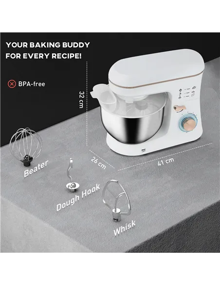 HOMCOM Stand Mixer, 5L Food Mixer for Baking, 6 Speeds and Pulse Setting, 1400W Cake Electric Kitchen Mixer with Dough Hook, Whi