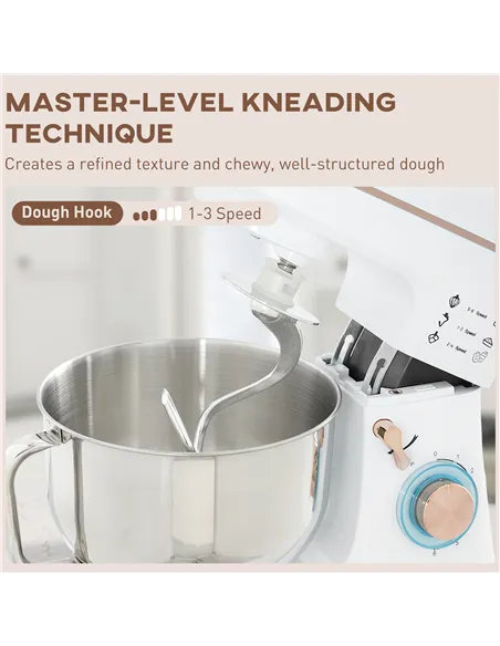 HOMCOM Stand Mixer, 5L Food Mixer for Baking, 6 Speeds and Pulse Setting, 1400W Cake Electric Kitchen Mixer with Dough Hook, Whi