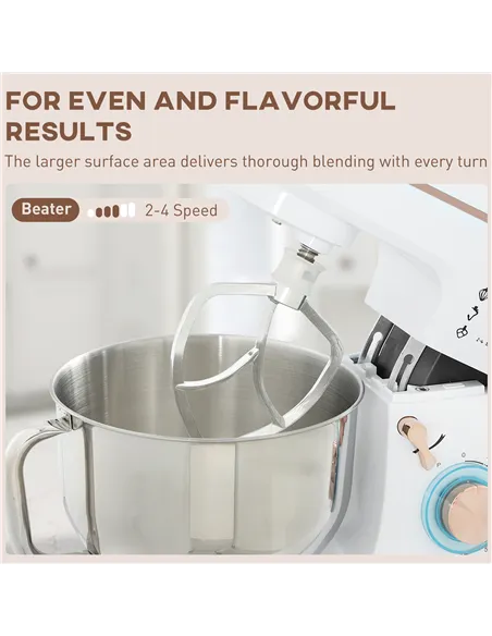 HOMCOM Stand Mixer, 5L Food Mixer for Baking, 6 Speeds and Pulse Setting, 1400W Cake Electric Kitchen Mixer with Dough Hook, Whi